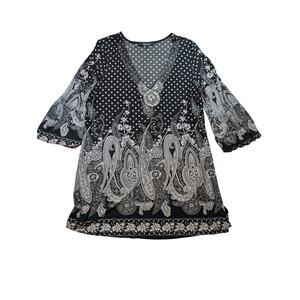 Vintage Polka Dot Floral Jewel Neck Blouse Bishop Sleeve 90s Statement Top XL